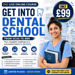 Get Into Dental School LIVE Course by Enamel Academy — from UCAS to MMI, only £99. Application strategy, UCAT strategy, interview preparation and live MMI practice.